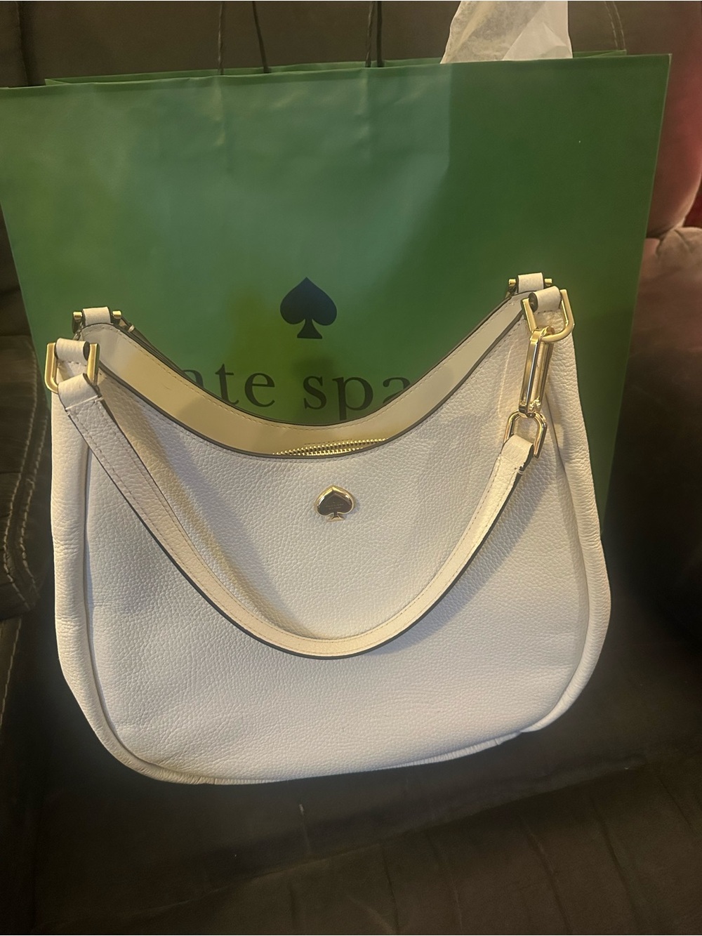 kate spade White Pebbled Leather Shoulder Hobo with Gold Hardware